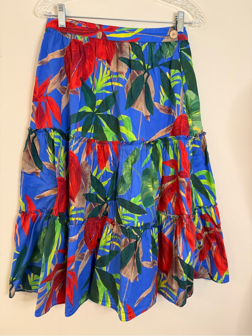 Zara tropical midi skirt vibrant colors tiered full SZ SM FLAW